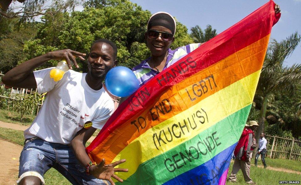 LGBT campaigners in Uganda. It's illegal to be gay in the African country.