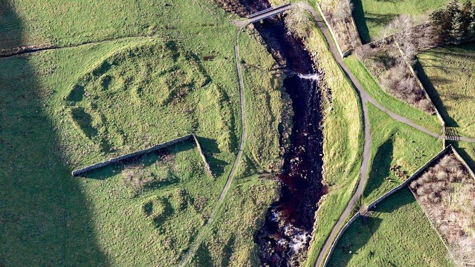 Aerial shot of a walled settlement 200m south-east of East Mellwaters Farmhouse, County Durham.