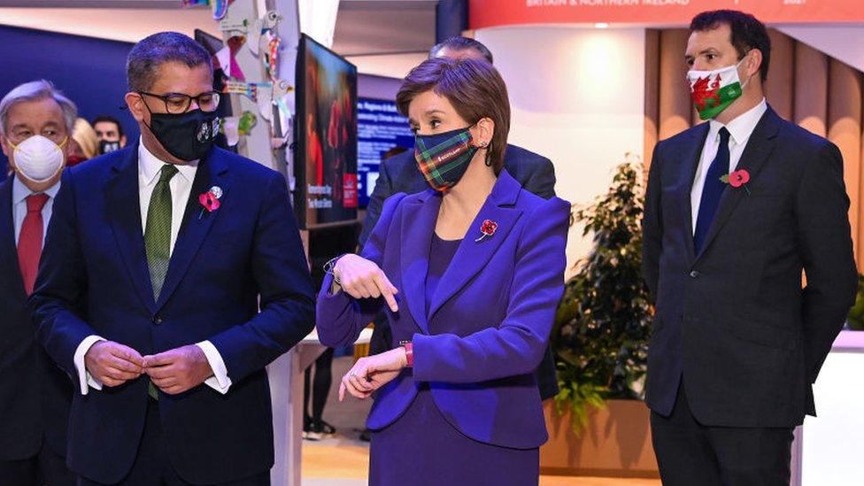 Secretary-General of the United Nations António Guterres, COP26 President, Alok Sharma, Scottish First Minister Nicola Sturgeon and Welsh Deputy Minister for Climate Change, Lee Waters