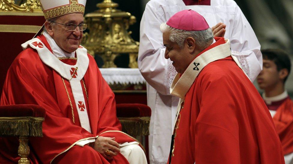 Archbishop of Indianapolis Joseph William Tobin is greeted by Pope Francis, 29 June 2013