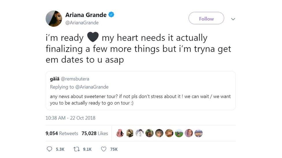 Ariande Grande Twitter saying I'm ready my heart needs it actually finalizing a few more things but I'm trying to get em date to you asap