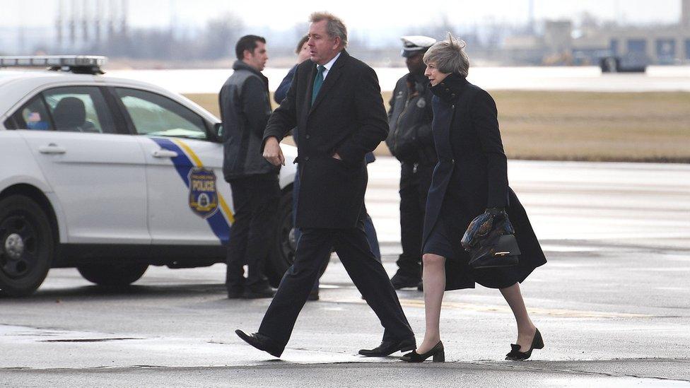 Theresa May arriving in the US