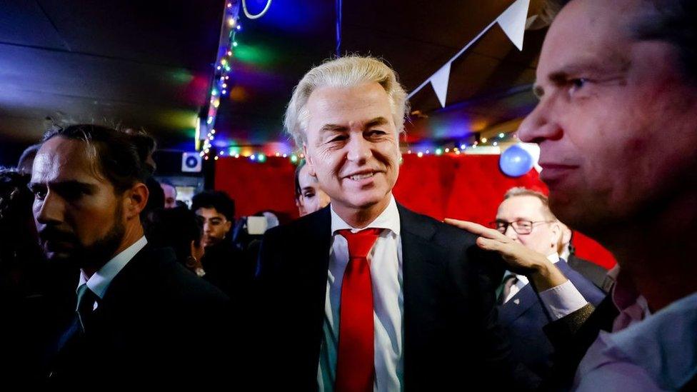 Geert Wilders smiling after results announced in Dutch election, 2023