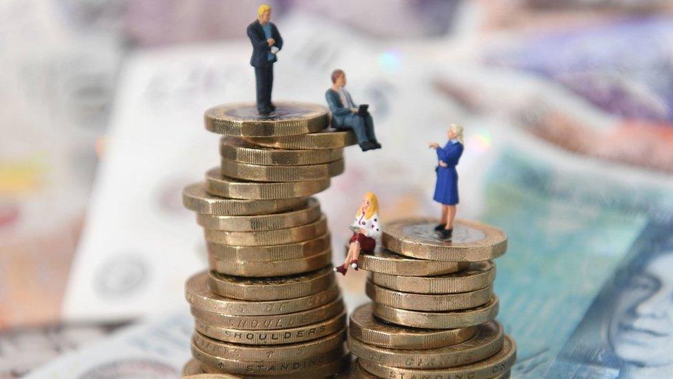 Figurines of men and women balanced on a stack of pound coins