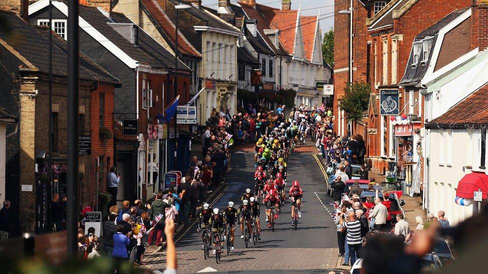 The peloton ride through Wymondham during stage seven of the 2015 Tour of Britain