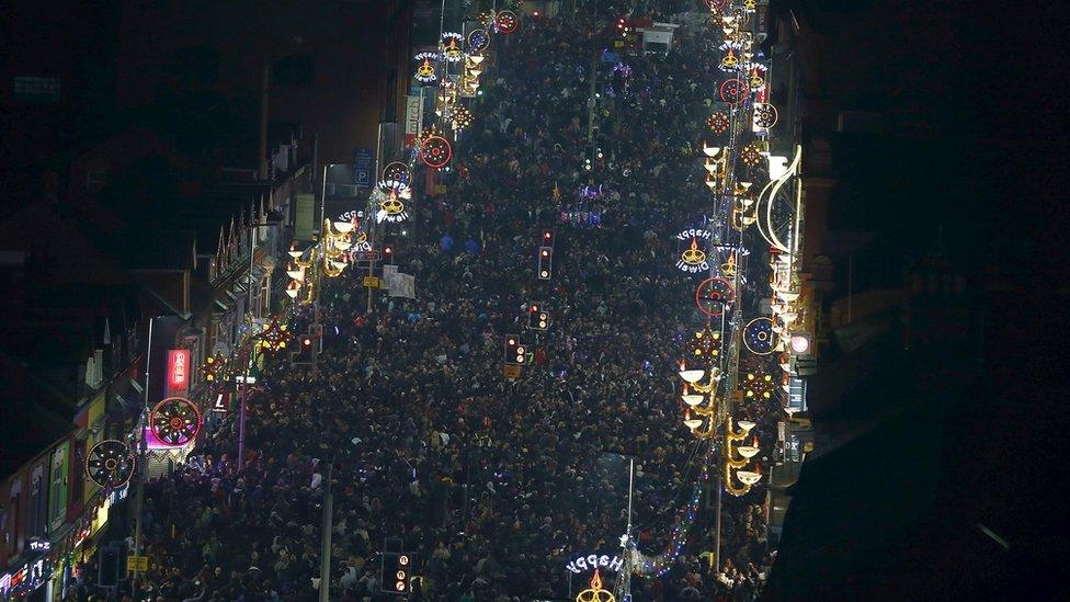 People fill the road after the Diwali lights were switched on in Leicester