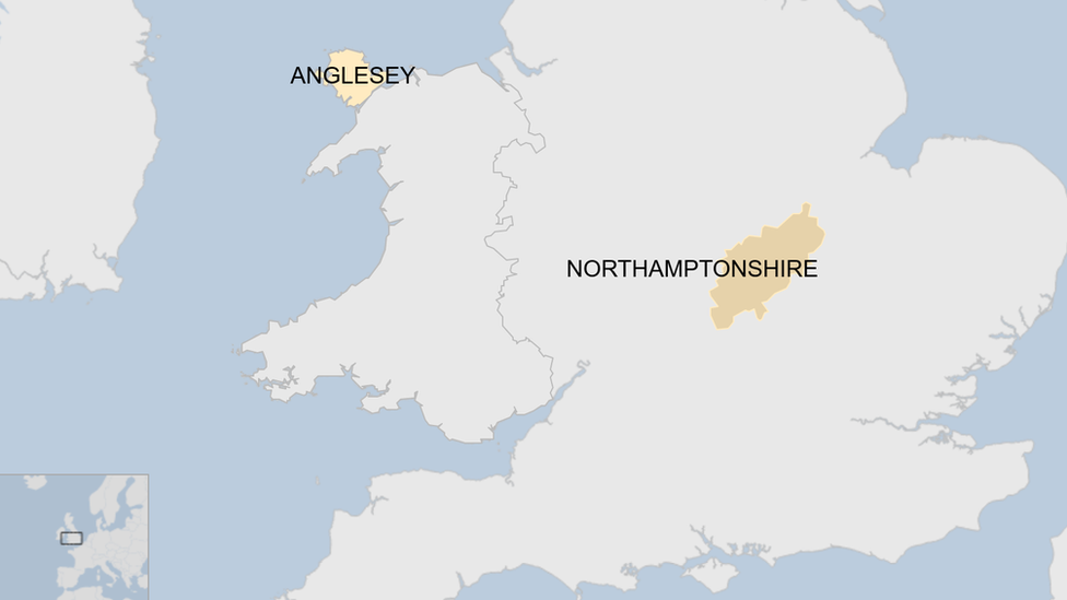 Map showing Anglesey and Northamptonshire