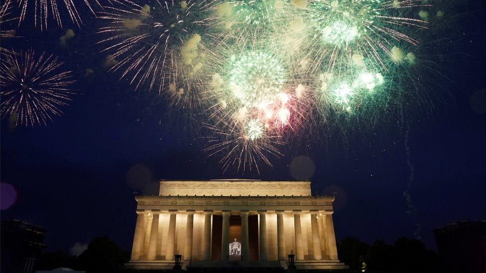 Fireworks are seen over the Lincoln Memorial during Fourth of July Independence Day celebration