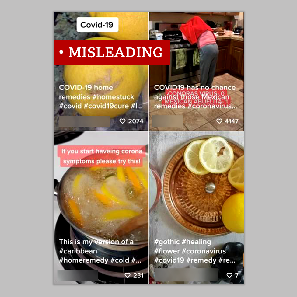 Images of TikTok videos showing citrus fruits and claims of a cure- labelled misleading