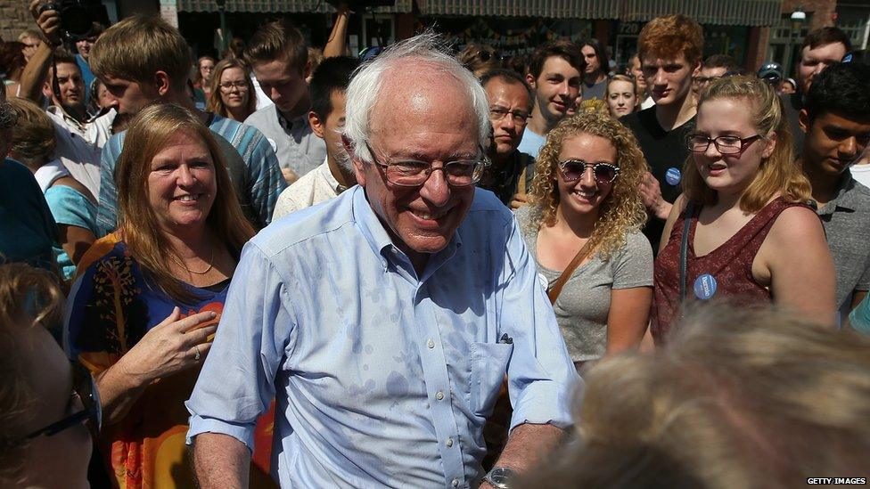 Democratic presidential hopeful Bernie Sanders greets supporters in Iowa