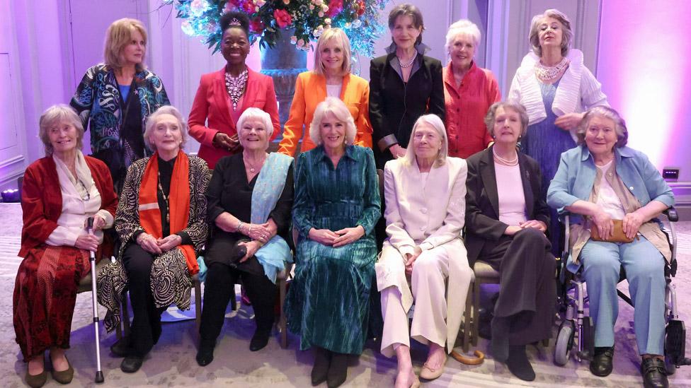 Queen Camilla (front row third left) smiles as she poses with Dames (L-R back row) Joanna Lumley, Floella Benjamin, Twiggy Lawson, Harriet Walter, Penelope Wilton, Maureen Lipman (L-R front row) Virginia McKenna, Sian Phillips, Judi Dench, Vanessa Redgrave, Penelope Keith and Patricia Routledge at the "Celebration Of Shakespeare" at Grosvenor House in London