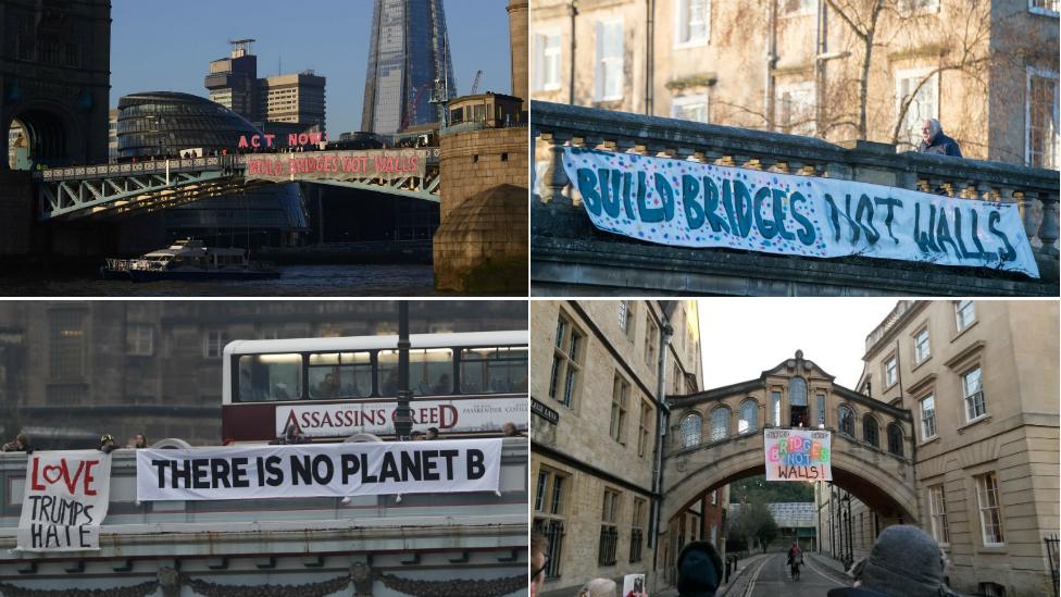 Anti-Trump banners on bridges: clockwise from top left: London, Bath, Oxford, Edinburgh