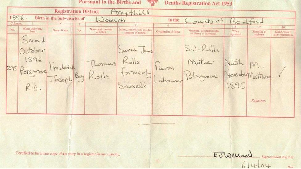 Frederick Rolls' birth certificate