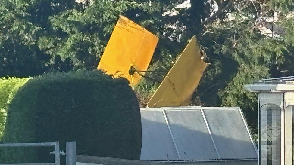 Wings of plane sticking out from garden