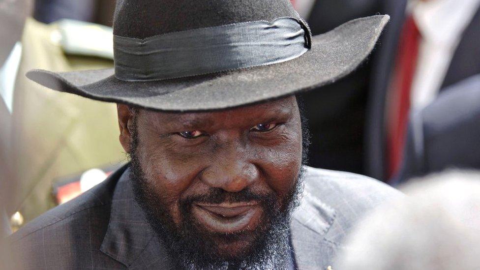 President of South Sudan, Salva Kiir greets ministers outside the national palace of Ethiopia in Addis Ababa on February 24, 2017, after a press conference during a state visit by the South Sudanese government.