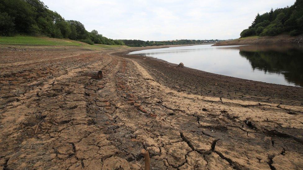 Low water levels in Wayoh Reservoir at Edgworth near Bolton