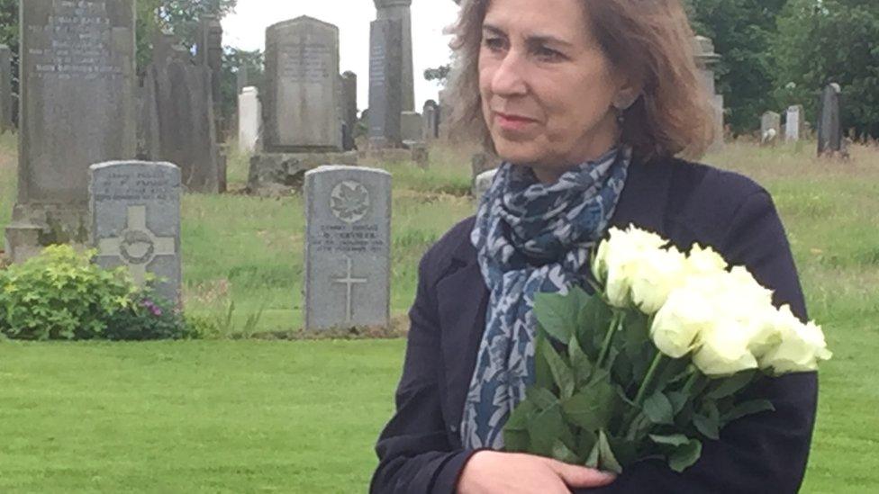 Kirsty Wark holding a bunch of roses