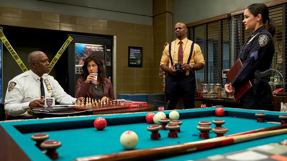 Captain Holt (left), Rosa Diaz (centre left), Sergeant Jeffords (centre right) and Amy Santiago (right) have been involved in sensitive storylines