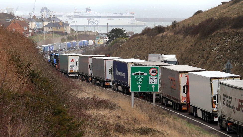 Lorries queuing at the entrance to the Port of Dover