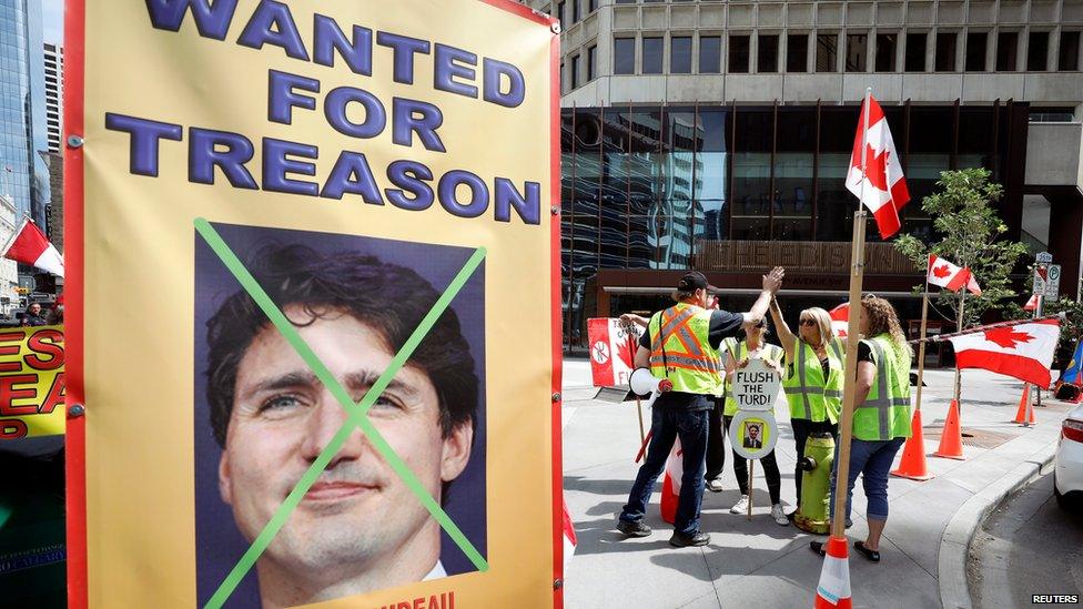 Yellow vest protesters at Calgary stampede