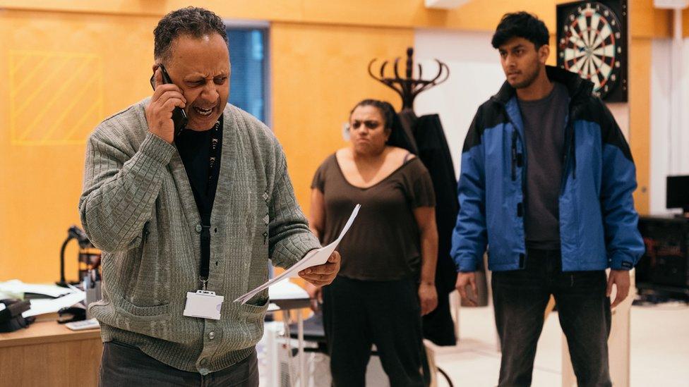 Kammy Darweish (Mansha), Rina Fatania (Sameena) and Karan Gill (Shazad) in rehearsals for Approaching Empty