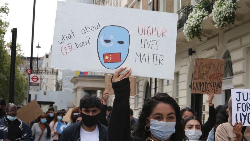 People demonstrate against the treatment of Uighurs in Xinjiang, in front of the Chinese Embassy in London, UK, on 11 September 2020