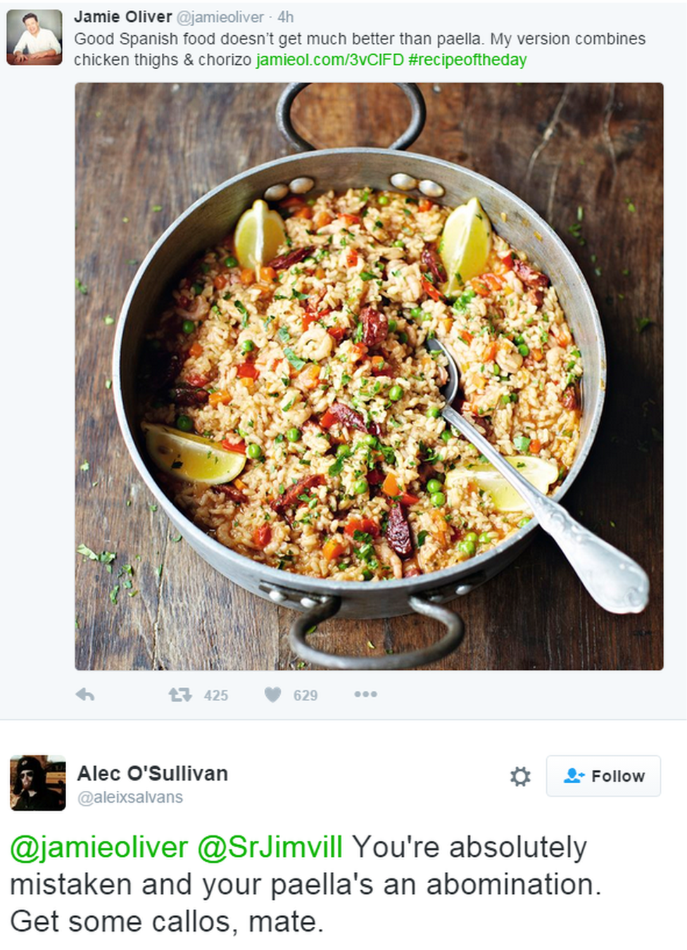 A tweet reads: "Good Spanish food doesn’t get much better than paella. My version combines chicken thighs & chorizo" to which one user replies that it is an "abomination"