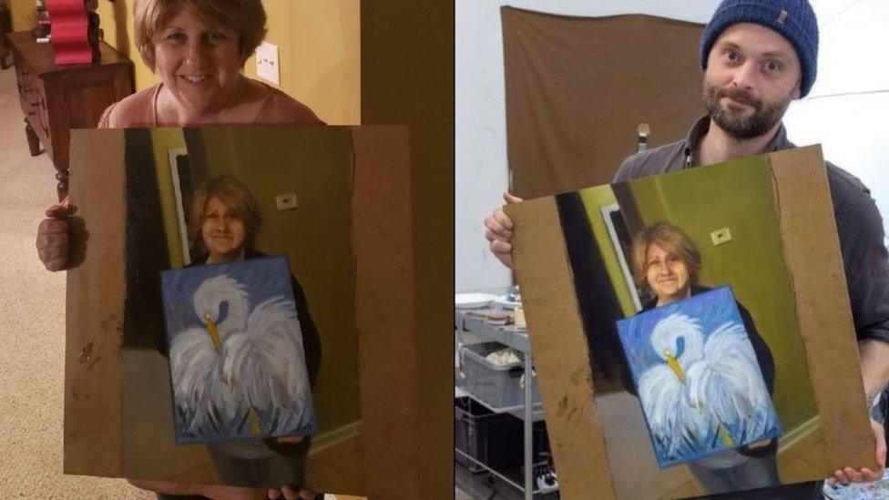 Cindi Decker (left) holds Kristoffer Zetterstran's (right) painting of her holding her bird painting