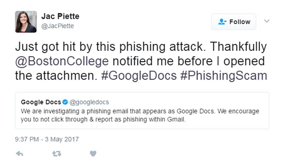 Image of tweet from a Google Docs phishing recipient