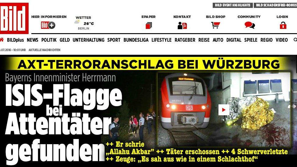 The front page of the website of German tabloid Bild covers the axe attack in a train in Wuerzburg.