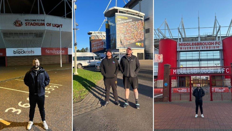 Jack Scadden standing outside various football stadium including The Riverside, the Stadium of Light and Hull City