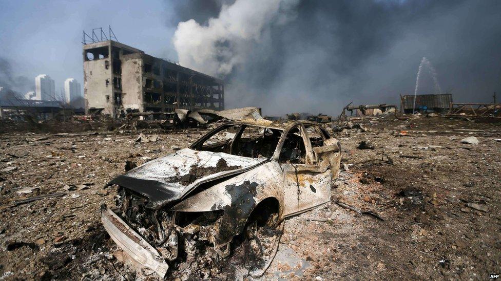 A burnt out car in Tianjin