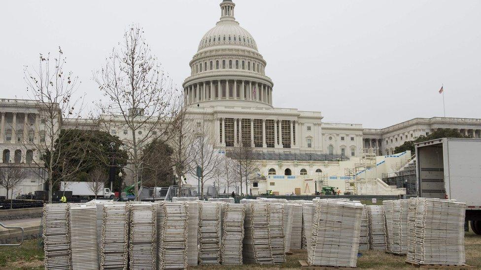 Folding chairs await setup as preparations continue for presidential Inauguration in Washington, DC, January 5, 2017