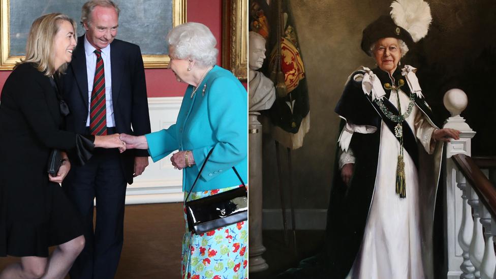 The Queen with artist Nicky Philipps and the Duke of Buccleuch at the unveiling of her portrait at Archers' Hall in Edinburgh on 7 July 2016