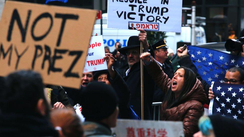 Protesters clash outside Trump Tower in New York after the 2016 election.