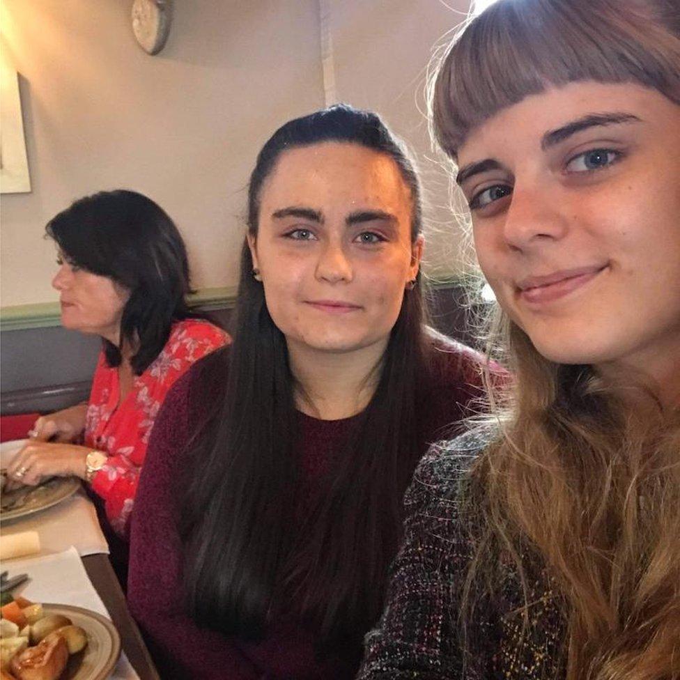 Kirstie (right) and Laura having a pub lunch on Laura's birthday - Laura was unable to eat her nut roast