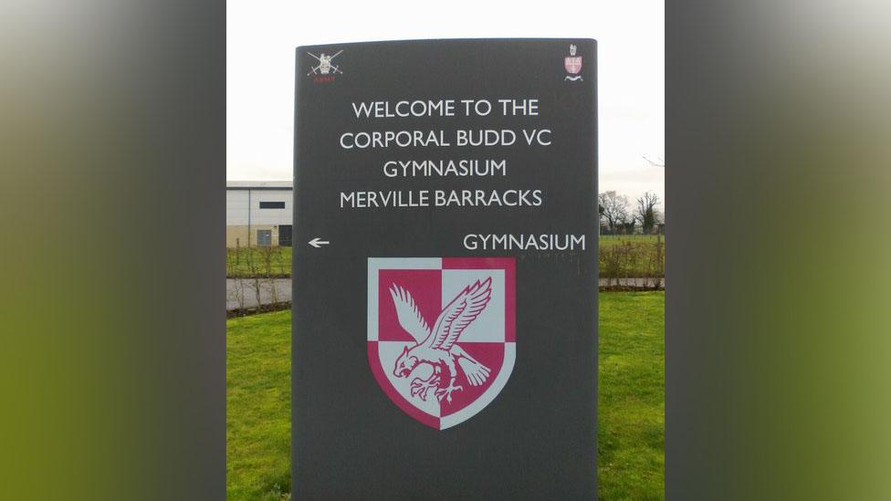 The sign outside Corporal Budd VC Gym at Merville Barracks, Colchester