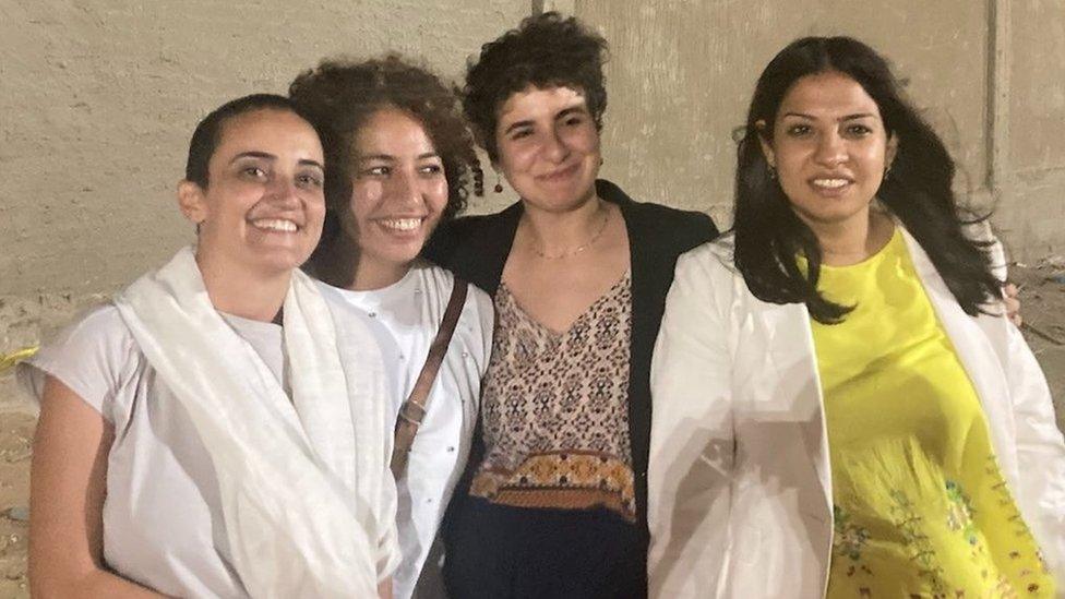 Mada Masr said Editor-in-Chief Lina Attalah, journalists Rana Mamdouh, Sara Seif Eddin amd Beesan Kassab were released on bail on Wednesday evening after by questioned at the Cairo Appeals Prosecution (7 September 2022)