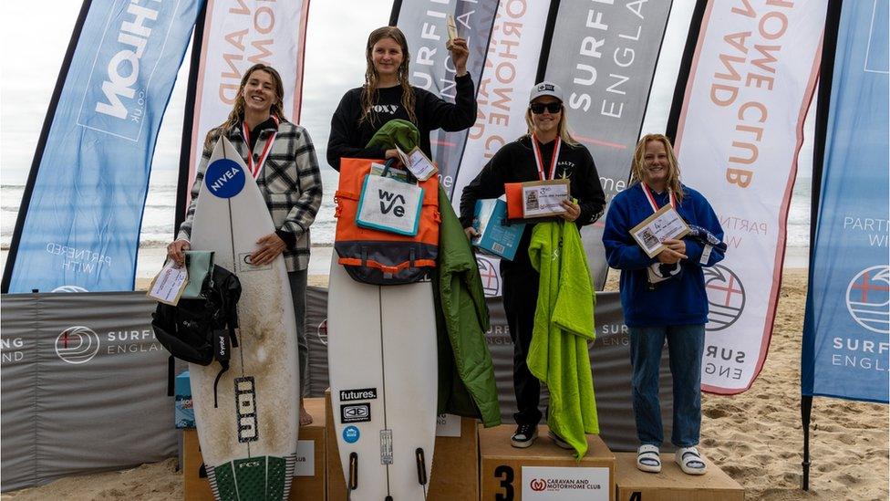 Winner Lauren Sandland, second left, with Lucy Campbell, left, Lily Pierce and Charlotte Mulley