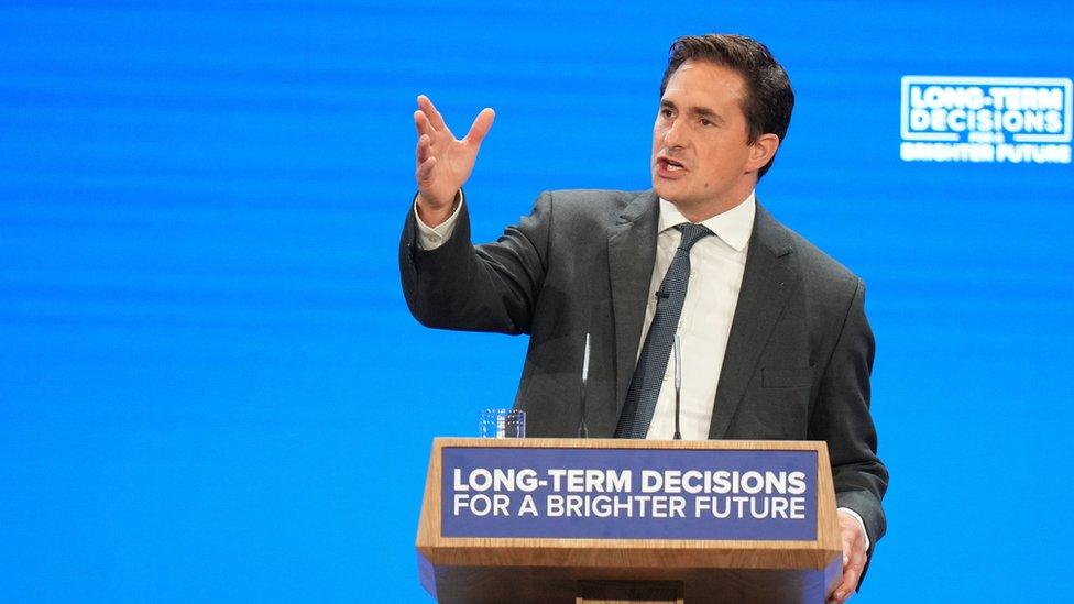 Minister for Veterans' Affairs Johnny Mercer delivers a speech during the Conservative Party annual conference at the Manchester Central convention complex