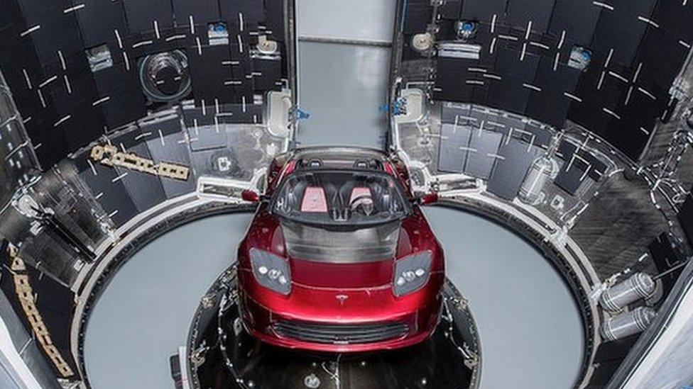 A Tesla car on board the Falcon Heavy.