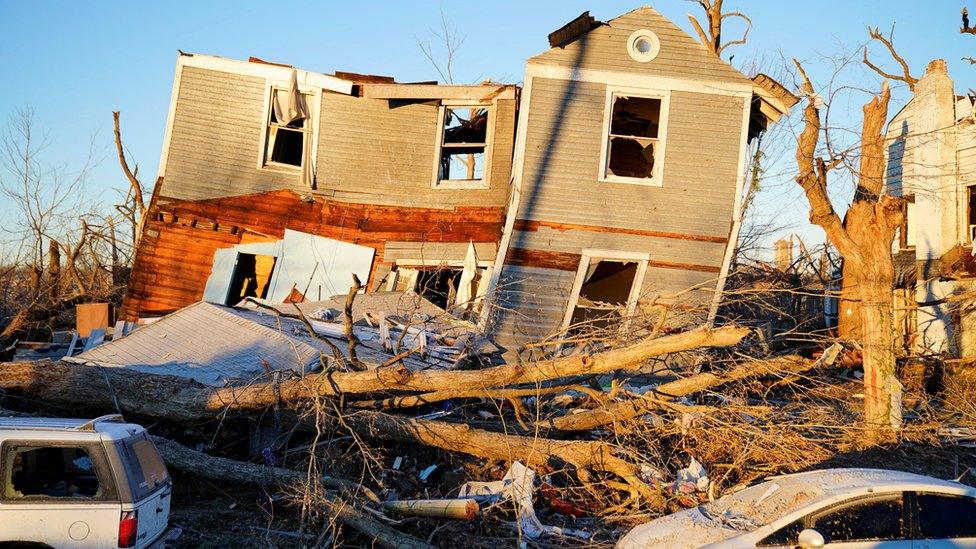 House severely damaged, with multiple trees fallen down and cars covered in debris