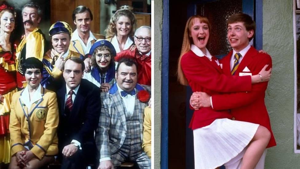 Llun o gymeriadau Hi-de-Hi a llun o Redcoats yn Skegness yn y 1980au