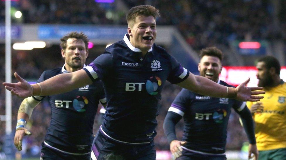 Huw Jones celebrates scoring for Scotland against Australia