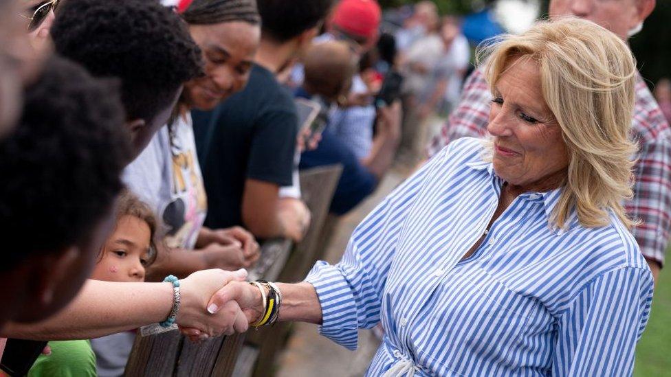 US First Lady Jill Biden greets residents impacted by Hurricane Idalia in Live Oak, Florida