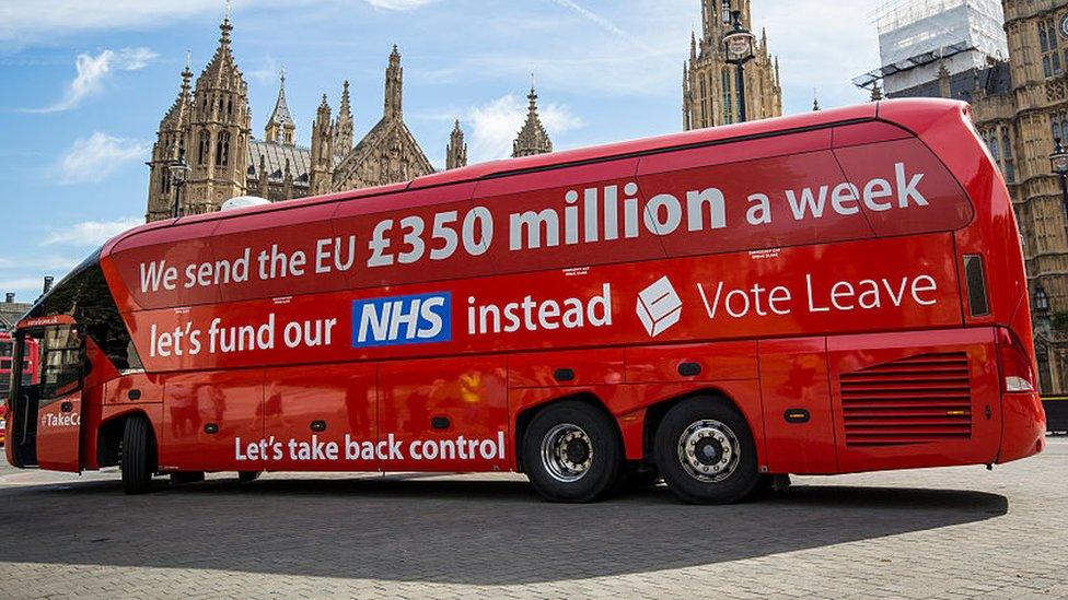 Vote Leave bus with the slogan: "We send the EU £350 million a week, let's fund our NHS instead"