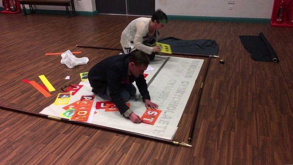 Making banners at Neuadd Ogwen in Bethesda