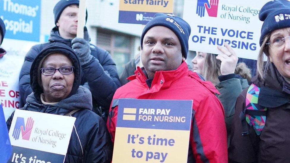 Members of the Royal College of Nursing on the picket line outside St Thomas' Hospital in London