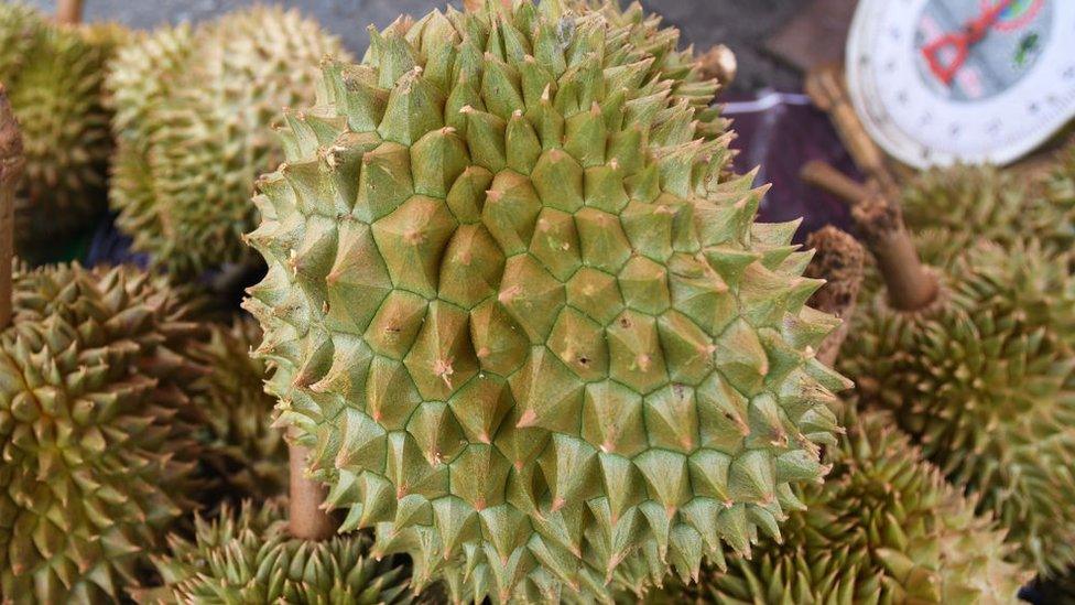 A stand with durian fruits in Ayutthaya, Thailand.