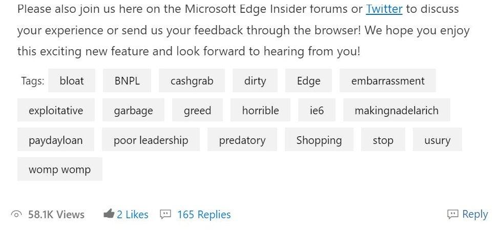 A screenshot showing tags on the post announcing Microsoft's new feature